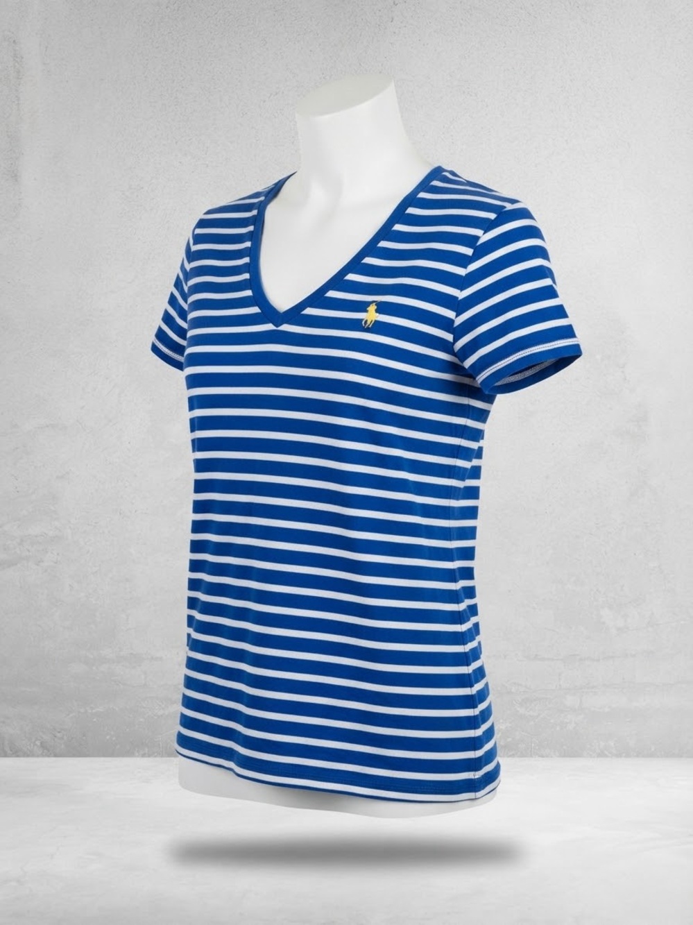 Ralph Lauren Blue & White Striped V-Neck Tee with Yellow Pony